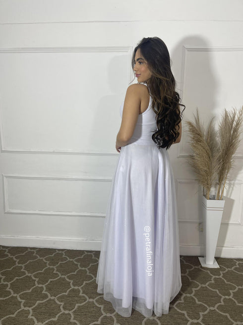 VESTIDO DE GOLA TULE TRABALHADO